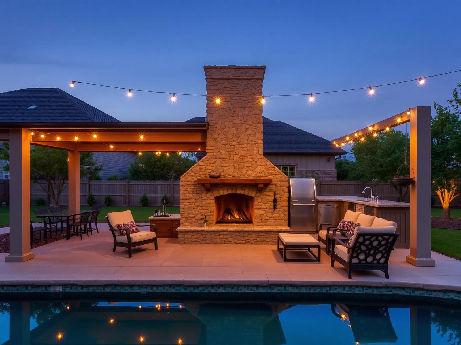 Outdoor living space at dusk